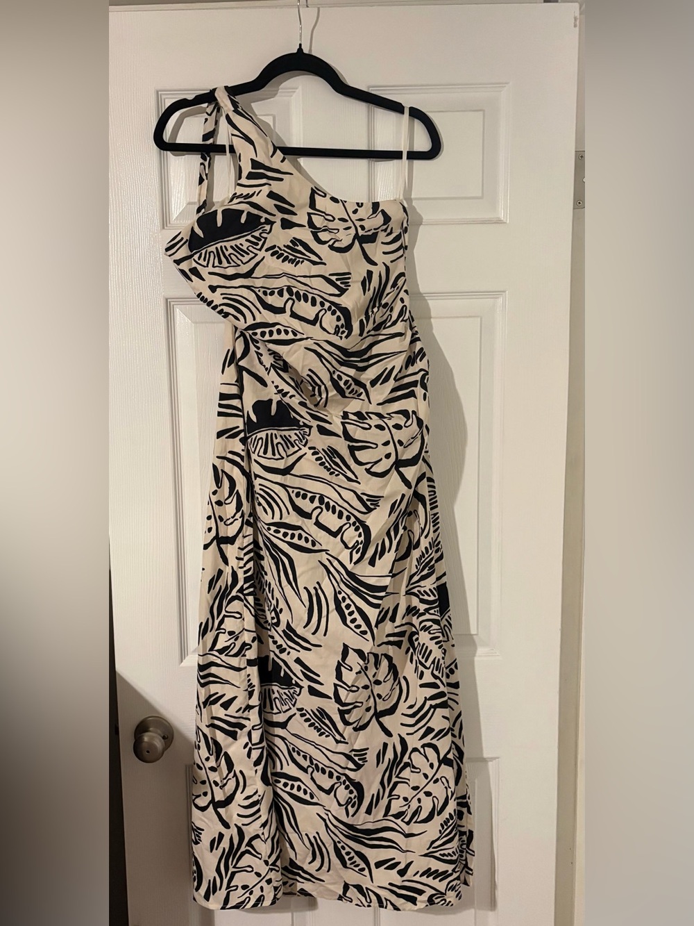 Runaway The Label One-Shoulder Black Leaf Print Cream Maxi Dress